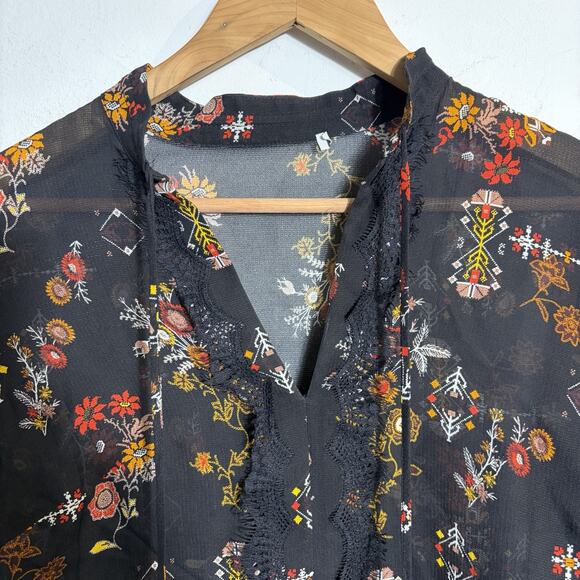 Derek Lam 10 Crosby Black Sheer Floral Silk Blouse Top S V-Neck Quiet Luxury - Picture 2 of 8